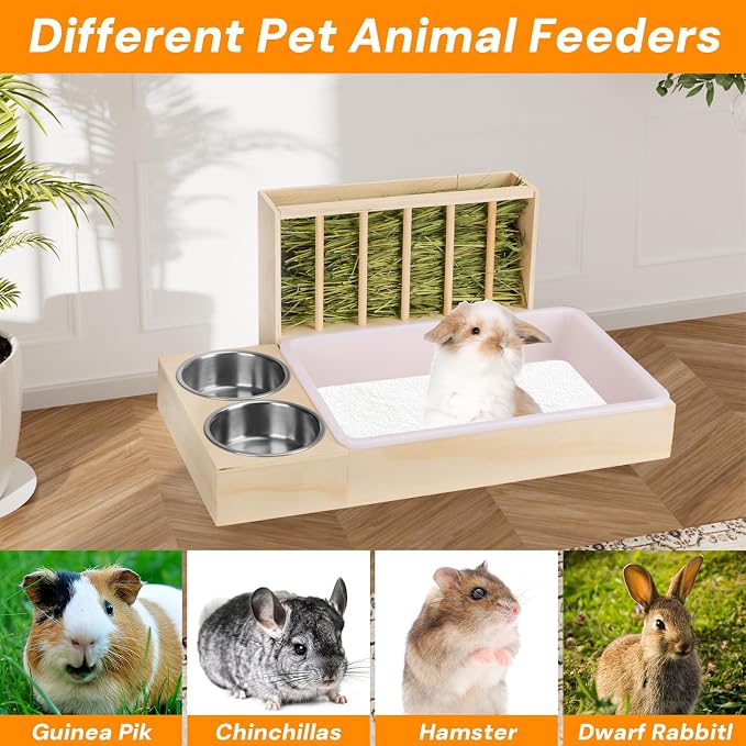 3 in 1 Bunny Litter Box with Hay Feeder, 2 Food Bowls | Potty Trainer for Rabbits, Guinea Pigs, Chinchillas, and Small Animals,Large Capacity,Preventing Waste