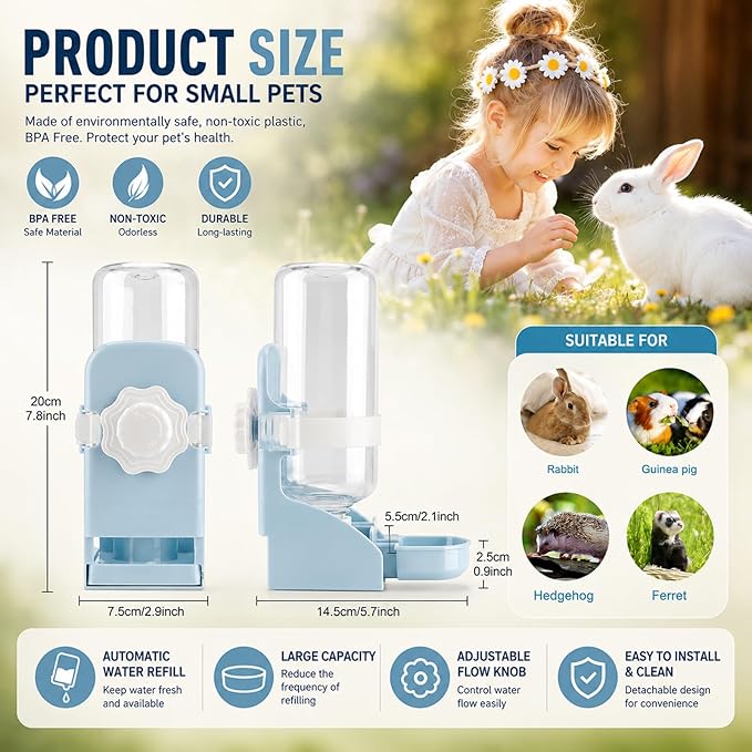 Rypet Rabbit Water Bottle No Drip - 17oz Hanging Water Fountain Automatic Dispenser Pet Cage Water Feeder for Bunny Chinchilla Guinea Pig Hedgehog Ferret Blue