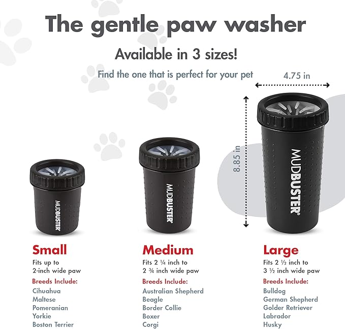 Dexas MudBuster Large Dog Paw Cleaner in Matte Black - Fits 2.5"-3.5" Wide Paws, Portable Paw Washer for Muddy Paws, Dog Paw Cleaning Cup with Gentle Silicone Bristles, Quick Clean Pet Paw Washer