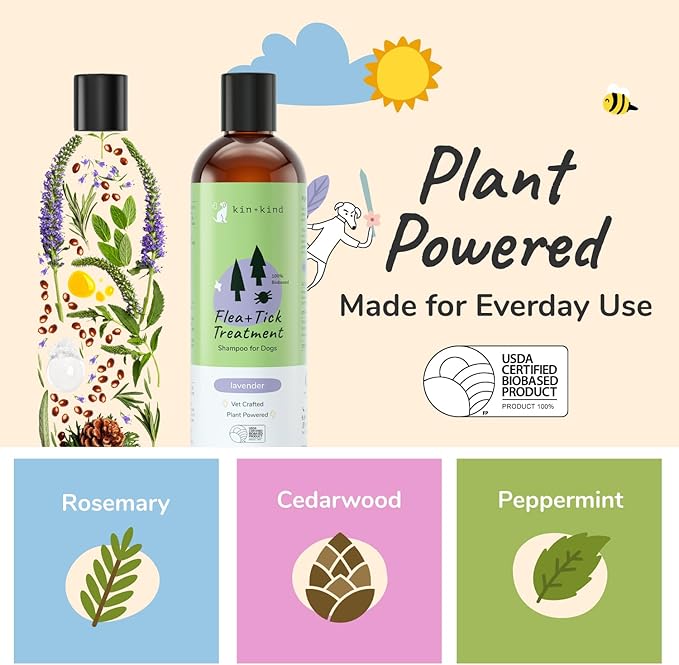 kin+kind Dog Shampoo Flea and Tick Vet Formulated - Natural Flea and Tick Prevention for Dogs - Plant Powered Shampoo w/Coconut & Olive Oil - Dog Supplies - Lavender Scent - Made in USA 12 fl oz