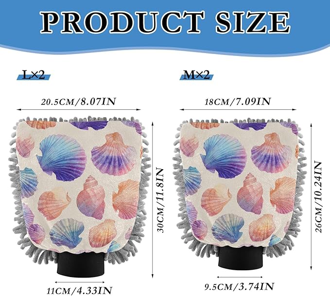 Car Wash Mitt Microfiber Wash Mitts for Car Washing Scratch-Free Cleaning Gloves Soft Non Absorbent Chenille Auto Hand Mitt Large 2Pack Beach Seashells