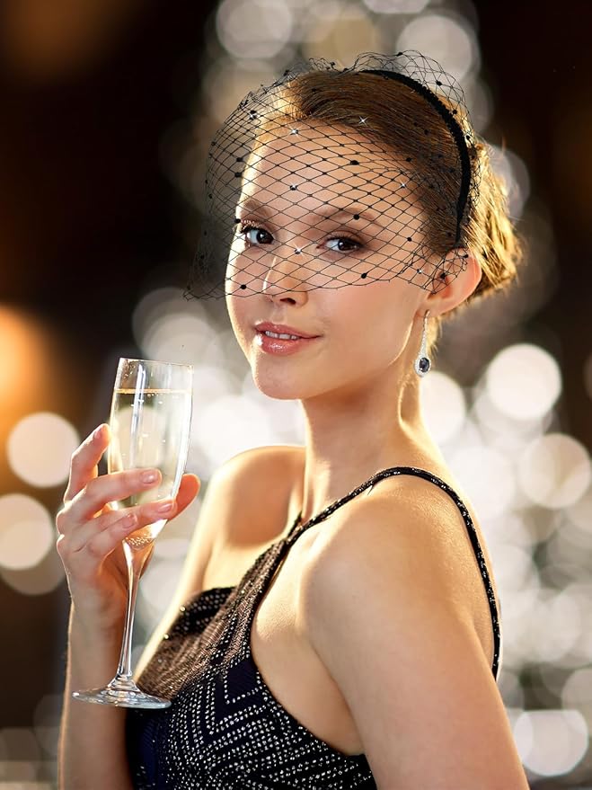 Jansun Black Veil Mesh Veil Headband 1920s Headpiece Birdcage Veil Bridal Wedding Tea Party Fascinator Veil for Women