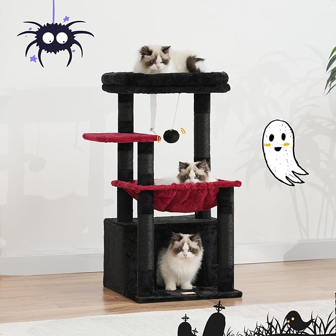 Heybly Cat Tree, Kitten Tower with Large Soft Cat Basket,Cat Condo with Spacious Cat Bed Cave with Hidden Space，Sisal-Covered Scratching Posts,Dangling Ball for Indoor Cats, Black and Red HCT008SBR