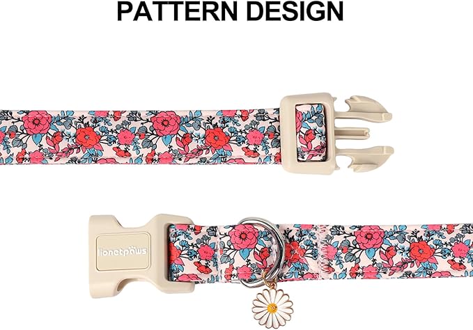 Lionet Paws Floral Dog Collar- Cute Red Pink Flower Dog Collars with Plastic Buckle,Light Adjustable Dog Collars for Medium Large Dogs