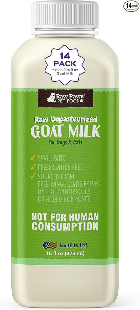 Raw Paws Raw Unpasteurized Goat Milk for Dogs & Cats, 16-oz, 14 Pack - Pet Milk Replacer for Puppies & Kittens, Goat Supplement for Dogs, Sensitive Stomach Dog Food Topper, Frozen Raw