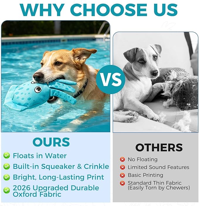 BINGPET Floating Dog Toys, 2 Pack Durable Squeaky Lobster & Squid Water Toy for Pool Beach Outdoor Interactive Fetch, Oxford Fabric Summer Swimming Pool Toys for Small Medium Large Dogs