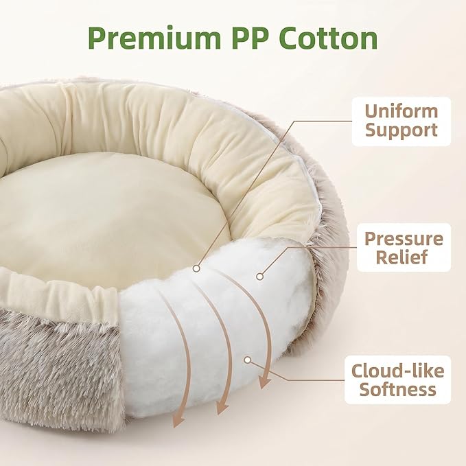 Calming Donut Dog Bed Cat Bed, Fluffy Long Fur Outer & Short Fur Inner, Sweat-Free Cozy Cuddler, Non-Slip Bottom,for Small Medium Dogs Cats Puppy Kitten (Donut Bed - Coffee Color, Large Size 23.6 in)