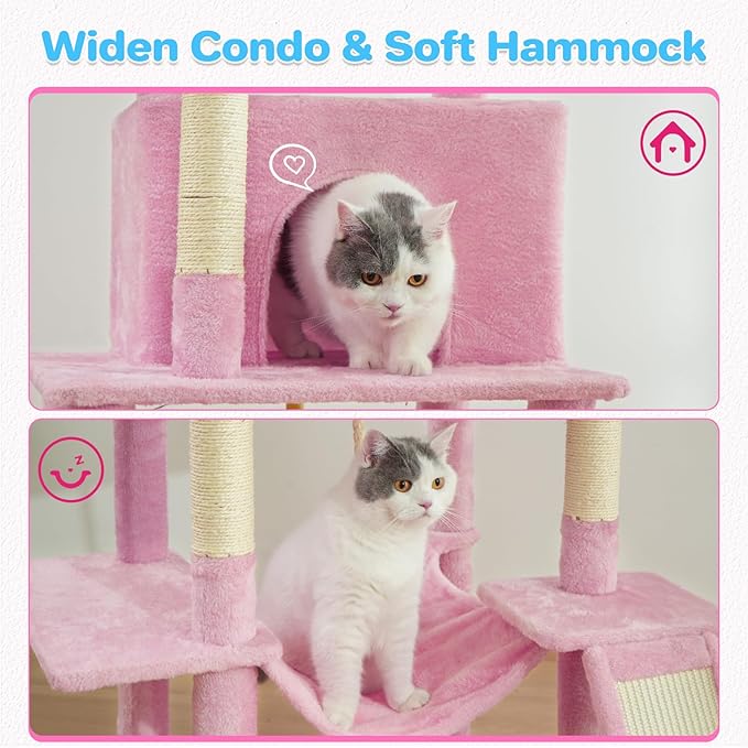 ABCPET Cat Tree Tower 63in Multi-Level Cat Tower for Indoor Cats with Sisal Scratching Posts, Condo, Hammock, Dangling Ball and Extended Platform for Cats to Play, Pink