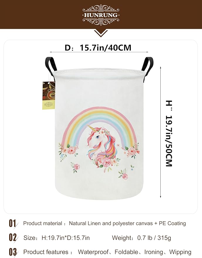 Collapsible Fabric Storage Basket, Waterproof Laundry Hamper with Handles, Round Storage Bin for Clothes Toys, Foldable Organizer for Bedroom Nursery Bathroom(Round-Rainbow Unicorn)