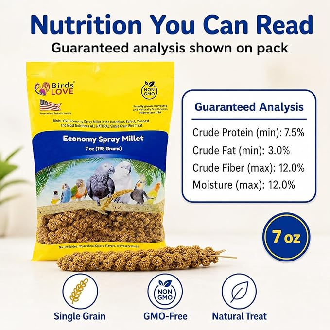 Birds LOVE Economy Special Spray Millet | GMO-Free (No Stems Only Edible Tops) for Birds Cockatiel, Lovebird, Parakeet, Finch, Canary All Parrots Healthy Treat 7 oz -Pack of 2