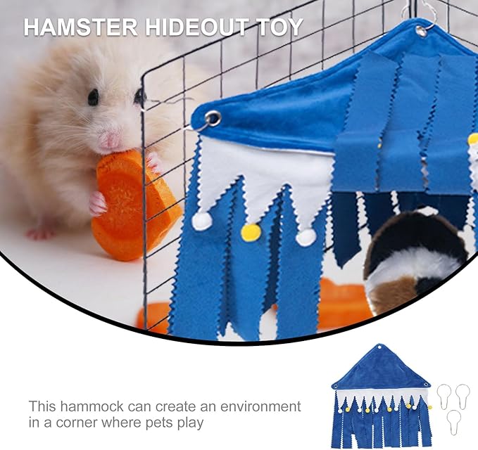 ibasenice Small Pet Hideaway Tent with Hammock, Three-Sided Corner Hamster Hideout House for Guinea Pigs and Squirrels, Blue Cozy Shelter for Small Animals Cage