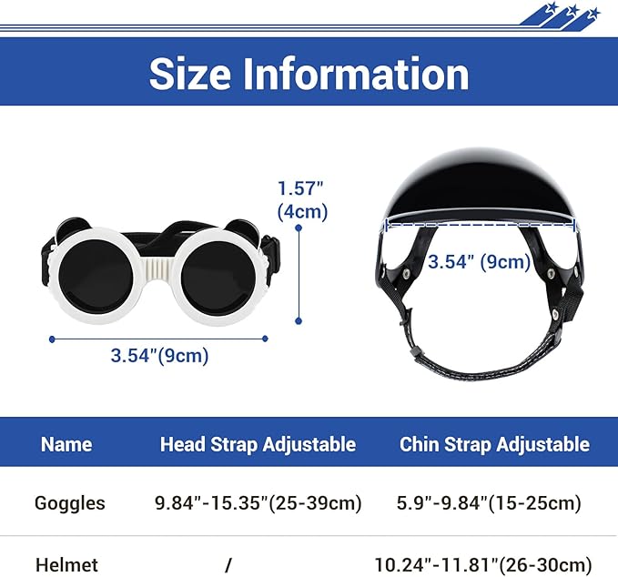 Extra Small Dog Goggles and XSmall Dog Helmet, 2Pcs Anti-UV Doggy Sunglasses Cat Motorcycle Protecetive Helmet Set, Chihuahua Safety Hard Hat Outdoor Head & Eyes Protection, White XS
