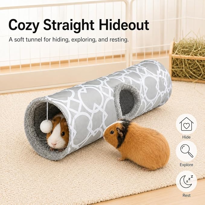 Plush Inside Stright Shape Small Animals Tube Tunnel with Interactive Ball for Guinea Pig, Hamster, Chinchilla, Hedgehog Hiding and Resting, Geometric Grey