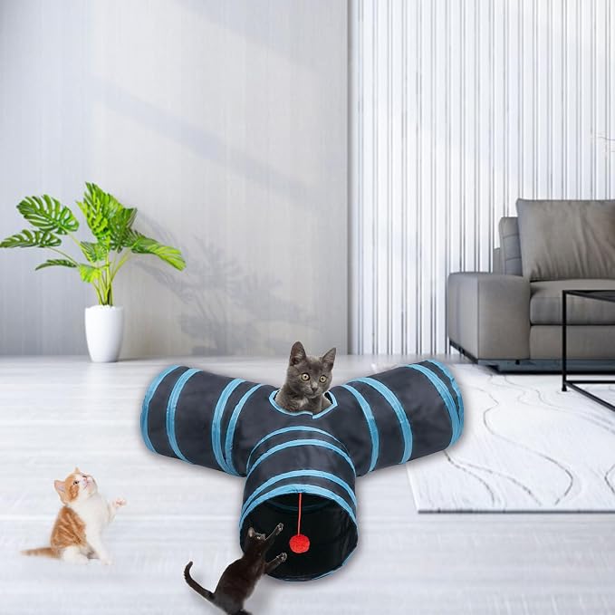 Cat Tunnel Tube Toys，Tunnels for Indoor Cats, 3 Way Blue Collapsible Interactive Toy with Balls for Rabbits, Kittens, Ferrets, Puppy