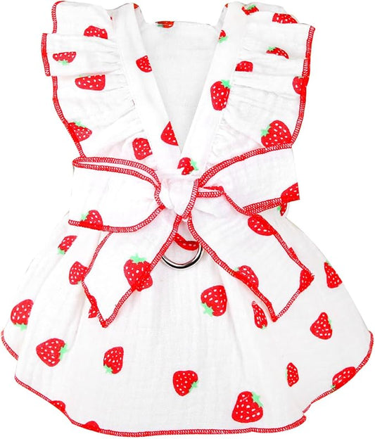 Dog Dresses for Small Dogs Girl Female Clothes Cat Clothes Cat Dress Cute Cotton Extra Summer Bow Decor Printed Strawberry Dog Birthday Outfit Small Puppy Clothes White XS