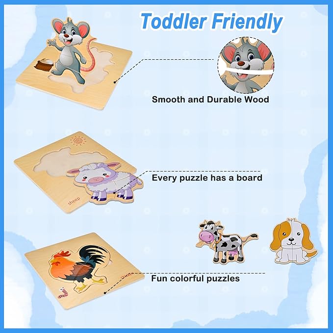 8pcs Wooden Puzzles for Toddlers 1-2-3-4, Farm Toddler Puzzles Ages 1-2-3-4, Montessori Educational Jigsaw Toys Preschool Puzzle Christmas Birthday Gift for Kids Girl Boy 1-4 Year Old