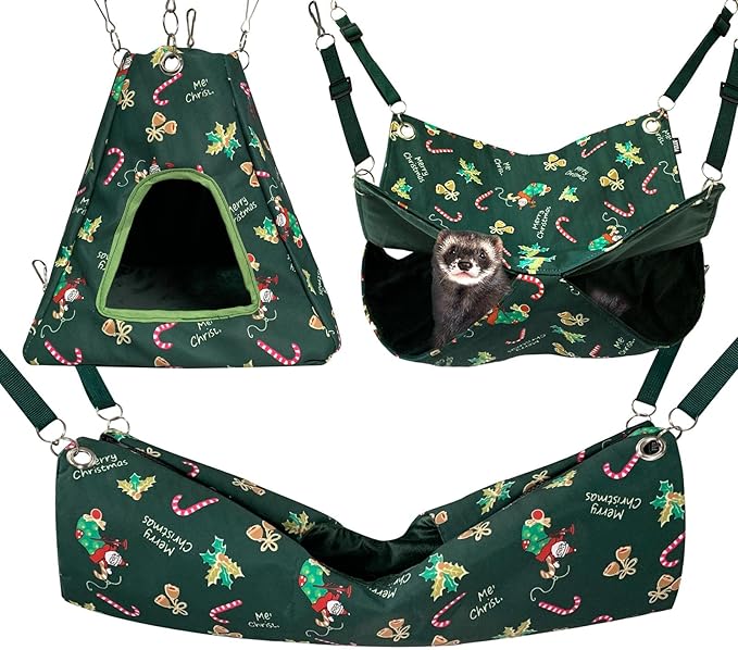 Ferret Rat Critter Nation Cage Accessories,Ferret Rat Hammock Set Hanging Bed Tent Tunnel for Any Small Animal Bedding (Christmas Green)