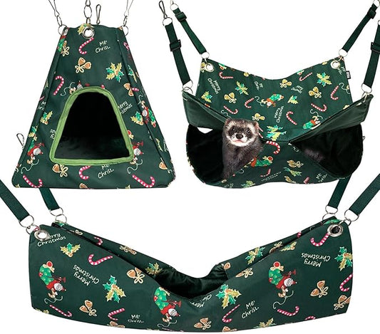 Ferret Rat Critter Nation Cage Accessories,Ferret Rat Hammock Set Hanging Bed Tent Tunnel for Any Small Animal Bedding (Christmas Green)
