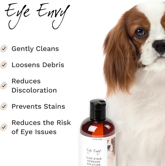Eye Envy Tear Stain Remover Solution for Dogs. Gentle, Natural, Safe. Cleans Tear Stains. Recommended by AKC Breeders, Handlers, Groomers. 32 oz. Made in USA