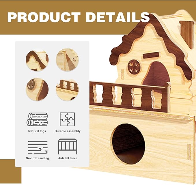 Wooden Hamster Platform and Dwarf Hamster House,Cute Syrian Hamster Tiny House Hideout,Large Balcony Lookout Holes,for Dwarf Gerbils and Mouse Mice Rat Other Small Animals(A)