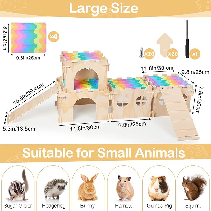 Guinea Pig Hideout, Guinea Pigs House with Stairs and Mats Extra Large Guinea Piggy Castle Detachable Hideouts for Small Animals Wooden Guinea Pig Habitats with Multiple Doors and Windows
