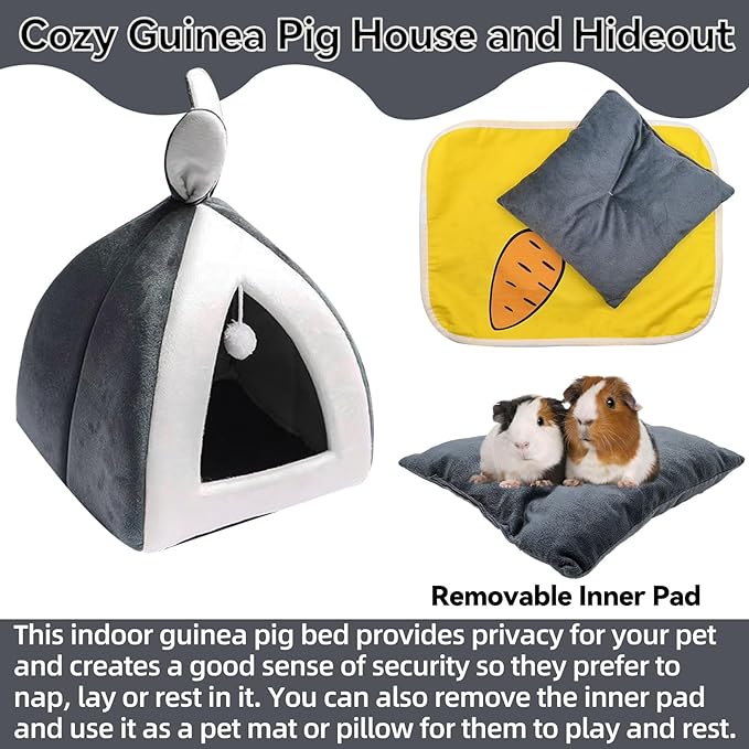 Guinea Pig Bed,Fleece Bunny Hideout House,Warm Rabbit Sleeping Bed with Pee Pad,Winter Large Hiding Hut for Hamster Ferret Rat Chinchilla Hedgehogs,Grey