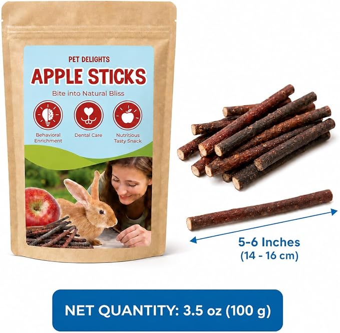 SunGrow Apple Sticks, Wood Chew Treats for Rabbits, Chinchillas, Bunny, Hamster, Squirrel, Guinea Pigs, Small Animals Teeth Grinding 100g (3.5 oz)