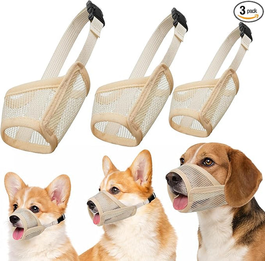 Dog Muzzle Suits for Small Medium Large Dogs, Mesh Muzzle Anti Biting Chewing, Breathable Mouth Cover Set with Adjustable Strap for Grooming Vet Visiting Training (3 PCS(S-L), Beige)