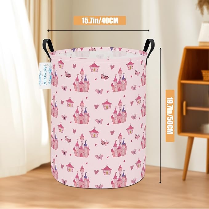 Girl Laundry Basket Canvas Fabric Collapsible Organizer Basket for Storage Bin Toy Bins Gift Baskets Bedroom Clothes Children Nursery Hamper (Pink Castle)