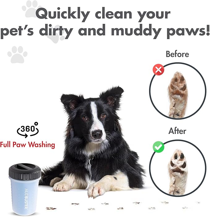 Dexas Lidded MudBuster Dog Paw Cleaner in Pro Blue - Fits 1.5"-2.5" Wide Paws, Portable Paw Washer for Muddy Paws, Dog Paw Cleaning Cup with Gentle Silicone Bristles, Quick Clean Pet Paw Washer