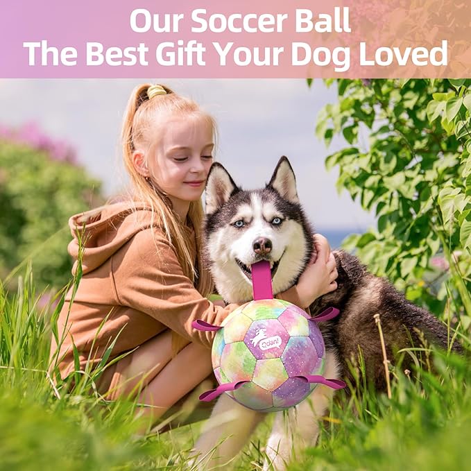 QDAN Extra Large Dog Toys Soccer Ball for Extra Large Dogs - Durable Dog Ball for Beach Pool Water Toy, Interactive Tug of War, Puppy Birthday Gifts, Rainbow (9 Inch)