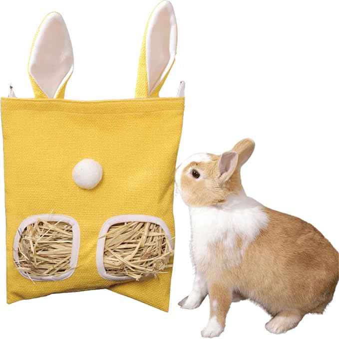 Rabbit Hay Feeder, Bunny Hay Bag for Rabbits,Rabbit Feeder Fabric Bag Feeder Storage Bag,Large Capacity Cotton Canvas Fabric Hanging Hay Feeder Bag for Small Animal,Hay Guinea Pig (Yellow,S)