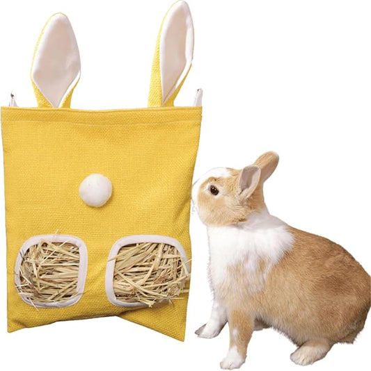 Rabbit Hay Feeder, Bunny Hay Bag for Rabbits,Rabbit Feeder Fabric Bag Feeder Storage Bag,Large Capacity Cotton Canvas Fabric Hanging Hay Feeder Bag for Small Animal,Hay Guinea Pig (Yellow,S)