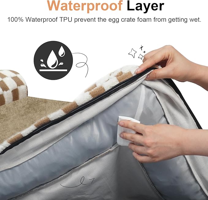 NANUYA Orthopedic Dog Bed for X-Large Dogs, 40 x 32 Inch, Brown Grid | Egg crate foam for joint support, 3-sided bolster pet sofa, waterproof lining, washable cover, and non-skid base