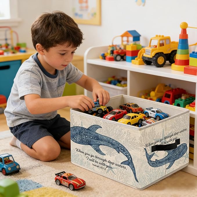 Ocean Whale Shark Christian Storage Bins, Coastal Isaiah 43:2 Bible Verses Foldable Closet Organizers Storage Basket Toybox for Clothes Bed Sheets Blankets Toys