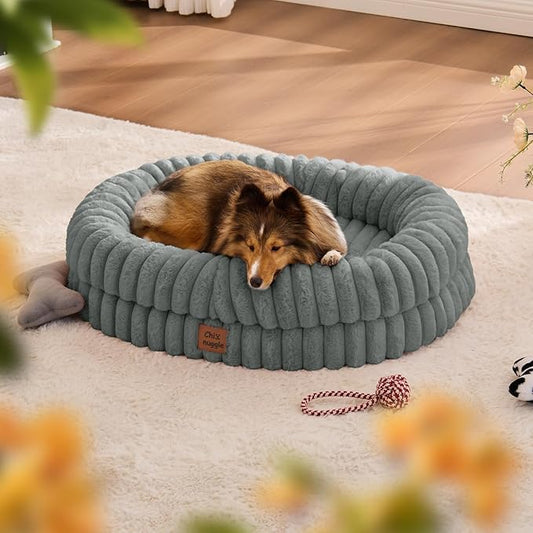 ChiXnuggle Dog Bed Medium Sized Dog - Luxury Striped Faux Fur Waterproof Pet Couch with Removable Washable Cover, Orthopedic Pet Bed with Bolster Sides for Sleeping, Grey
