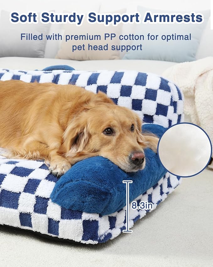 KSIIA Dog Bed Large Dog Beds with Supportive Armrests Waterproof Pet Couch Comfort Pet Sofa with Removable Machine Washable Cover & Anti-Slip Bottom, 41 x 27 in, Blue