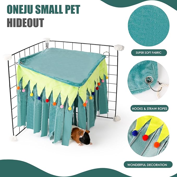 Guinea Pig Hideout - Guinea Pig Corner Hideout, Four-Sided Fringes, Square Top and Washable Hides, Ideal Hides for Small Pets, No Metal Fences, Green