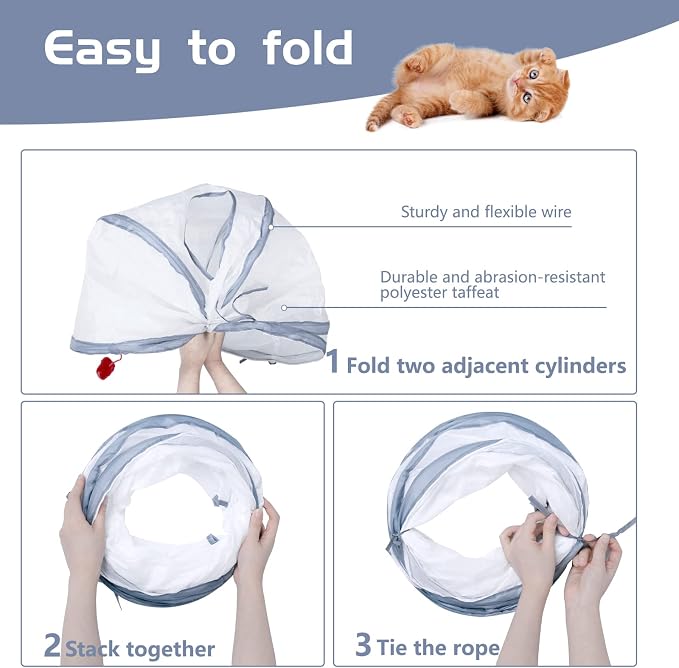 Sheldamy Cat Tunnel, 2-Way Cat Tunnels for Indoor Cats, Collapsible Cat Play Tunnel, Interactive Toy Maze Cat House with 1 Play Ball for Cats, Puppy, Kitty, Kitten, Rabbit (White & Grey)