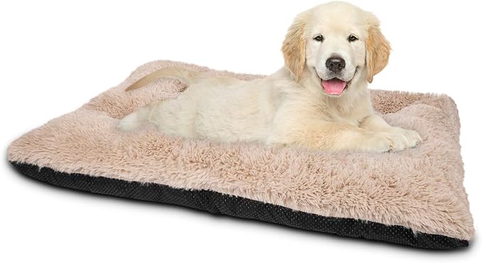 JOEJOY Dog Bed Crate Pad, Deluxe Plush Washable Dog Beds Fulffy Soft Kennel Pad Anti-Slip Pet Sleeping Mat for Small Dogs，23" x 18", Beige
