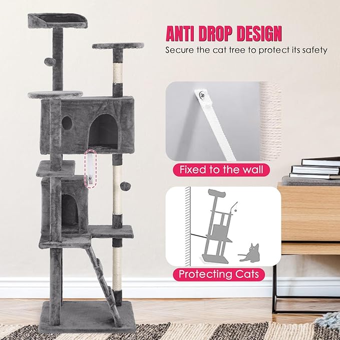 PayLessHere Cat Tree 70in Tower with Cat Scratching Post,Multi-Level Cat Condo Stand House Furniture Kitty Activity Center with Furry Ball Toys Cat Tree for Indoor Cats,Light Grey