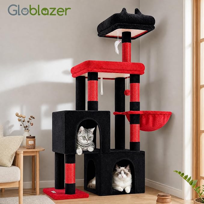 Globlazer Gothic Cat Tree Tower with 2 Spacious Condos for Multiple Indoor Cats, 52in Multi-Level Goth Cat Condo Tower with 5 Scratching Posts, Padded Perch, Big Basket, Widened Base, S52, Black Red