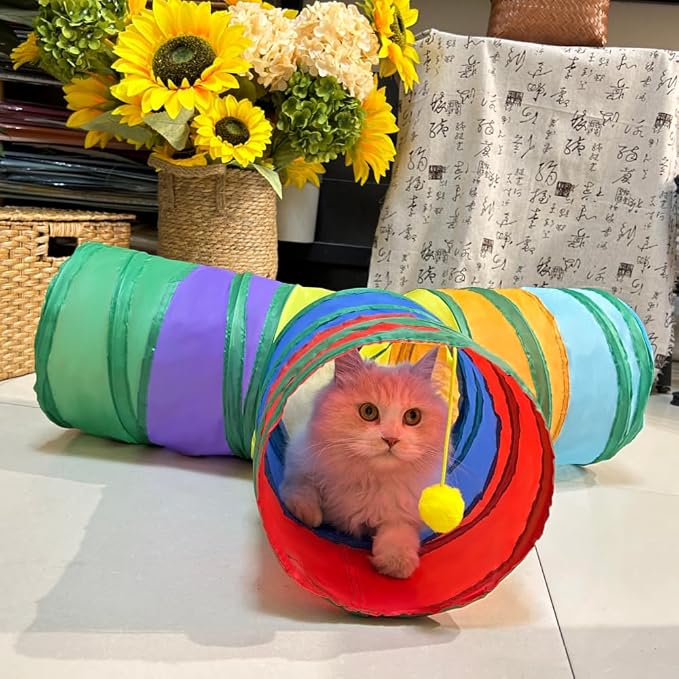 3-Way Collapsible Cat Tunnel Tube Toy Rainbow T— Interactive Play Tunnel with Hanging Ball & Peek Hole for Indoor Cats, Kittens, Puppies & Rabbits | Hours of Fun & Exercise