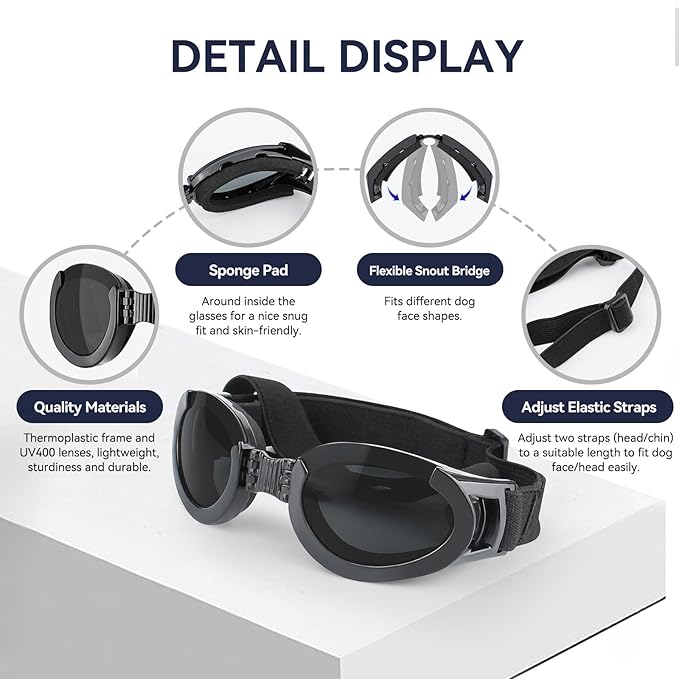 Dog Goggles Medium Breeds, Clear UV Protection Dog Sunglasses with Black Replaceable Lenses, Adjustable Doggy Glasses for Outdoor Activities Hiking/Camping Windproof Pet Eyewear