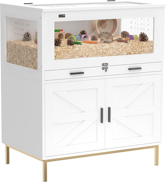 PawHut Hamster Cage with Storage Cabinet, Small Animal Cage with Pull Out Drawer and Acrylic Panels, Ventilated Large Guinea Pig Habitat for Bunny, Hedgehog, Gerbil, Rat, 30" x 19.5" x 36"