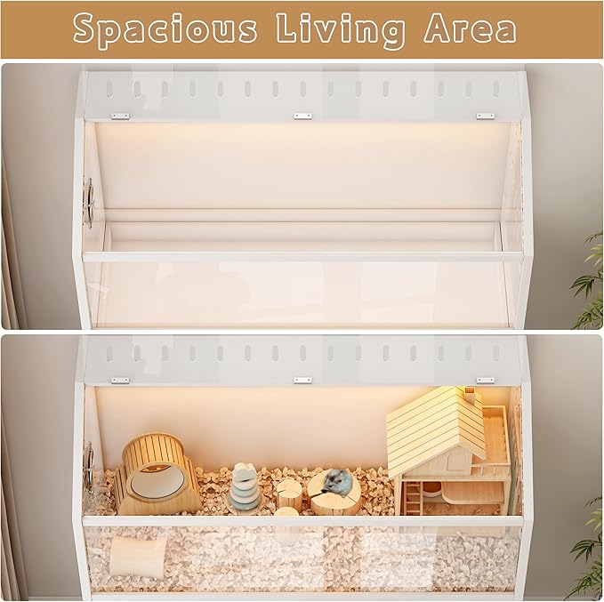 Hamster Cage with Storage Cabinet,43.3" Small Animal Cage with LED Lights and Fan, Easy View Acrylic Panel, Large Habitat for Guinea Pig, Hedgehog,Rat 43.3"x 15.7"x 43.3"