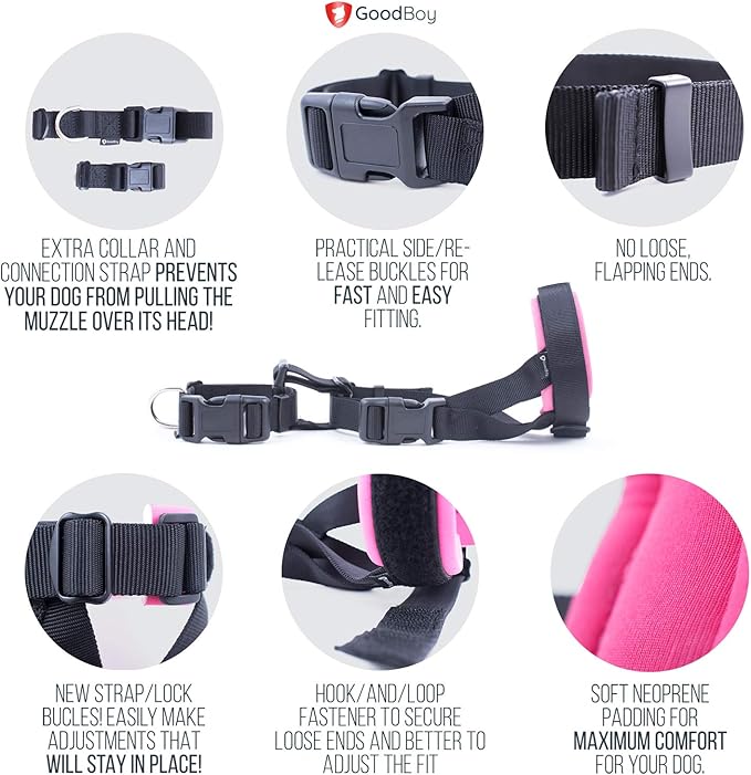 Gentle Muzzle Guard for Dogs - Prevents Biting and Unwanted Chewing Safely - New Secure Comfort Fit - Soft Neoprene Padding - No More Chafing - Training Guide Helps Build Bonds with Pet (XL, Pink)