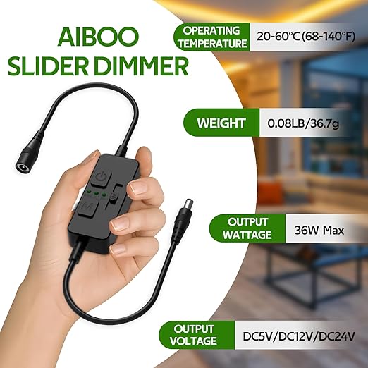 AIBOO Single Color Slider Dimmer with Timer - PWM 1pc DC 5V/12V/24V LED Controller, 36W Max, Slide Brightness Control & Auto-Off for LED Strip Lights, Closet, Counter, Aquarium Lighting (Black)