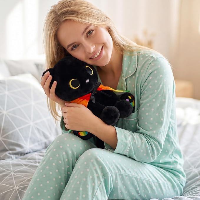 Black Cat Plush - 8" Cute Cat Stuffed Animal with Removable Rainbow Cape & Colorful Paws, Huggable Kawaii LGBTQ+ Gift for Friends, Lovers & Allies, Pride Month Decor