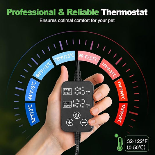 Reptile Heating Pad with Internal Sensor&Thermostat, 8" x 18" 24W Under Tank Heater Mat for 10-40 Gallon Tanks, IP67 Waterproof Safe Heat for Turtles, Bearded Dragons, Snakes, Lizards and Seedling